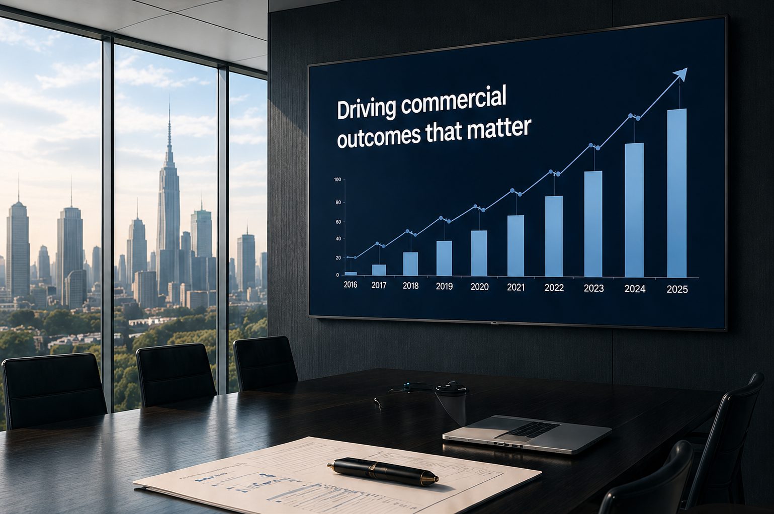 Executive boardroom overlooking a city skyline